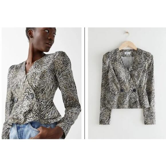 New NWT & Other Stories Animal Print Peplum Duo Button Wrap Blouse Top US 8 - Picture 1 of 12